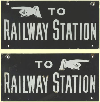 click for 26K .jpg image of 'To Railway Station' enamels